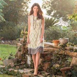 SUNDANCE Women’s Orly Green Lace Overlay Midi Silk Trim Shift Dress Size 2